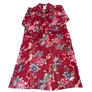 VTG Lady Manhattan CRANBERRY Floral Long Sleeve Snap Down Robe Sz Large